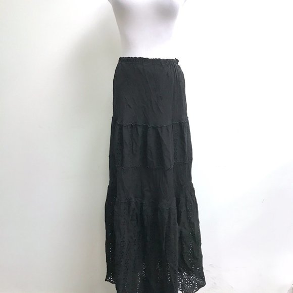 Johnny Was vintage black eyelet lace tiered long maxi skirt L - Picture 1 of 3